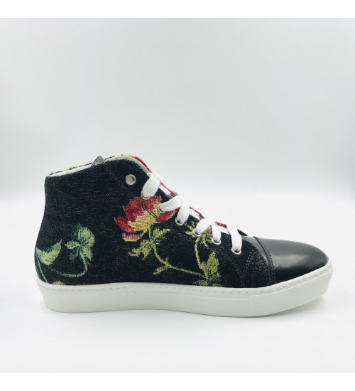 Handmade shoes Black Gobelin with Flowers and Green blank Leather